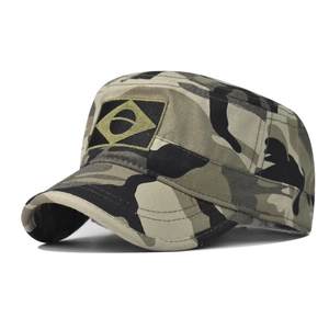 Detail of woodland camouflage flat top army cap with Brazil flag embroidered patch