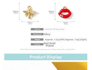 Detailed size specifications for gold bee and red lip alloy pendants with measurements