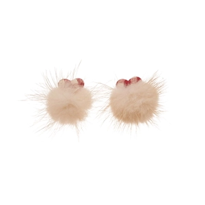 Elegant silver needle heart earrings with red plaid pattern and soft plush pom poms