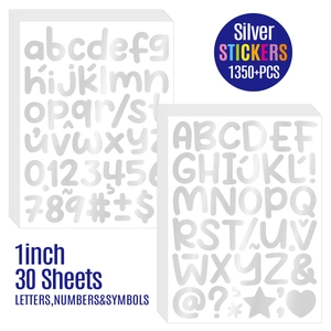 Macro shot of 1-inch shiny silver adhesive alphabet and number stickers set in 30 sheets