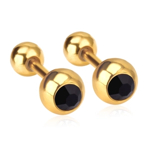 Golden stainless steel dumbbell studs with faceted black zircon stones on white background