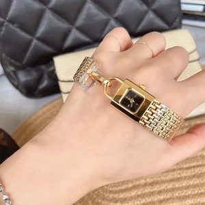 Elegant gold square padlock watch for women with a woven chain bracelet strap
