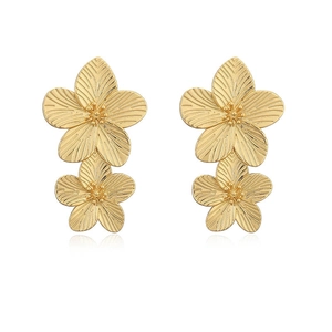 Elegant gold double-layered flower stud earrings with a brushed metal finish for women