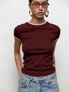 T-Shirt Femme Coton Élasthanne Coupe Slim Col Rond Liséré Contrasté Manches Courtes Style Streetwear Été Haut