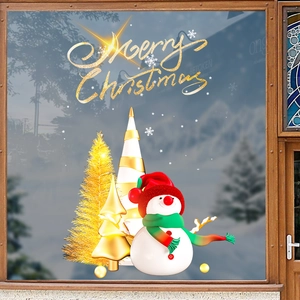 Adesivi per finestre natalizi con pupazzo di neve dorato, scritta Merry Christmas e fiocchi