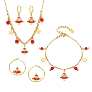 Stainless steel Christmas jewelry set with enamel tree charms in gold finish