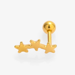 Detailed view of polished gold triple star stainless steel ear stud with screw ball back
