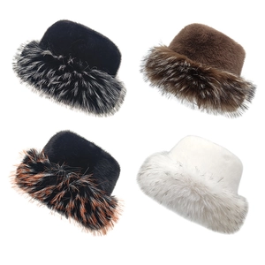 Faux Mink Fur Bucket Hat Winter Warm Thick Plush Round Top Short Brim Outdoor Stylish For Women