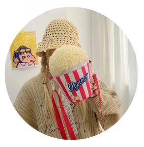 Creative popcorn bucket crossbody bag made of fluffy faux fur with red striped pattern