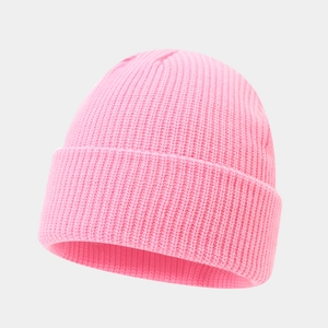 Detailed view of the bright pink ribbed knit beanie showing thick texture and stitching