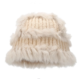 Women's cream knit rabbit fur hat with plush trim for winter warmth and elegant style