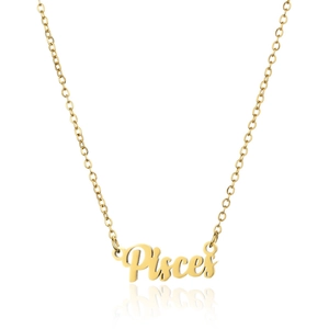 Detailed view of gold stainless steel necklace with 18K Pisces zodiac letter pendant