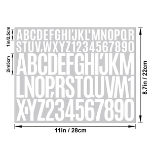 Detailed dimensions of 1 inch and 2 inch white vinyl letter and number stickers for DIY