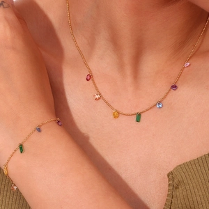 18K gold plated stainless steel jewelry set with colorful zircon stones worn by model