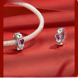S925 sterling silver heart charm with purple zircon on a snake chain bracelet
