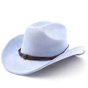 Detail of light blue suede cowboy hat with braided leather band and vintage metal concho
