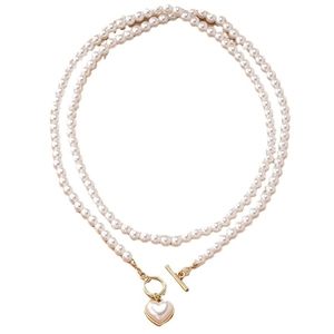 French vintage double layer pearl necklace with golden heart pendant and OT toggle clasp