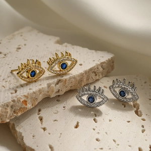 Evil Eye Stud Earrings Copper Blue Zircon Micro Pave Rhinestone Eyelash Dainty Jewelry For Women