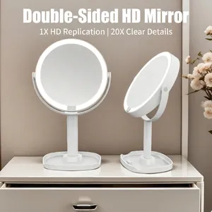 White LED desk vanity mirror with 1X and 20X double-sided magnification and storage base