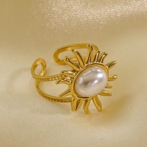 14K gold-plated open ring with shell stone inlay and sunburst design on silk background