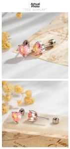 Close-up of pink gradient heart zircon stud earrings with silver screw back detail