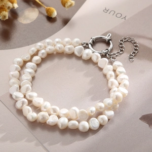 Elegant double-layered Baroque freshwater pearl bracelet with a silver T-bar clasp