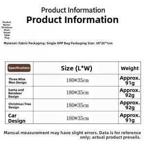 Size chart for Christmas table runners showing 180x35cm dimensions for multiple holiday styles
