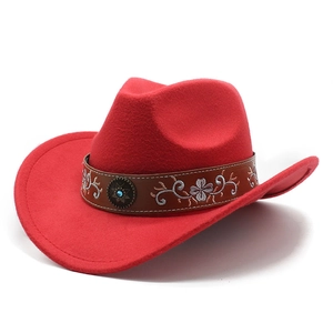 Close-up of red wool cowboy hat with embroidered brown band and turquoise metal buckle