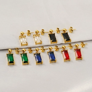 Rectangular Cubic Zirconia Stud Earrings 18K Gold Plated Stainless Steel Geometric Jewelry For Women