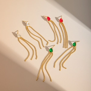 18k gold plated stainless steel teardrop earrings with crystal fringe in three colors