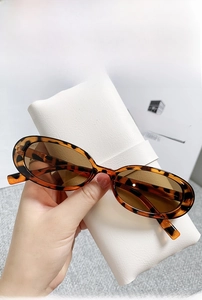 Detail of retro small cat eye sunglasses in tortoiseshell with brown lenses and leather case