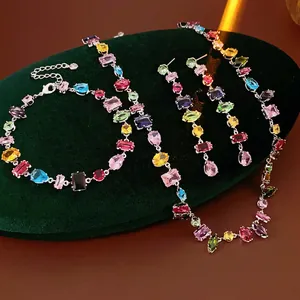 Luxury silver pin necklace bracelet and earrings set with colorful teardrop gemstones