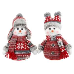 Pair of festive knitted snowman dolls in red and grey for Christmas table decoration