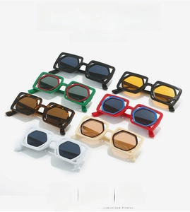 Detail showing various colors of geometric hollow frame sunglasses with diverse lenses