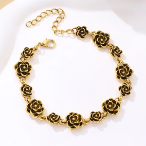 Vintage Rose Flower Alloy Bracelet Enamel Rhinestone Elegant Jewelry For Women Floral Design Retro Gold Silver Style