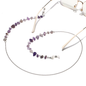 Detail of amethyst gravel beads and silver chain on eyewear strap with silicone loops
