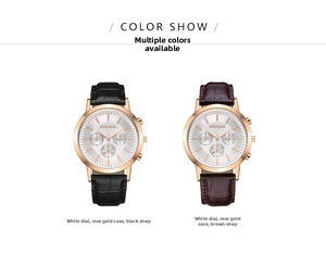 Detail view of MR.RURIO rose gold men watches with leather straps and white multi-dial face