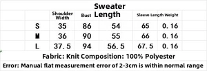 Detailed size chart for minimalist long sleeve knit sweater with contrast trim details