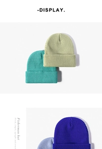 Vertical display showing colorful knitted fisherman hats with textured elastic fabric detail