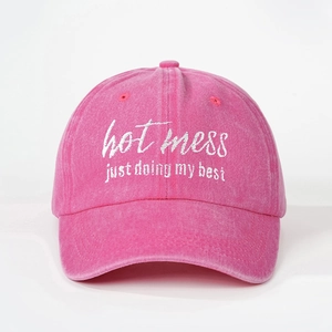 Pink washed cotton baseball cap with hot mess embroidery for a vintage aesthetic look