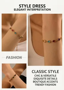 Detailed close-up of adjustable gold bracelets with multi-color geometric gemstones
