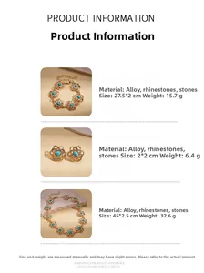 Detailed dimensions and weight for gold floral jewelry set with turquoise stones