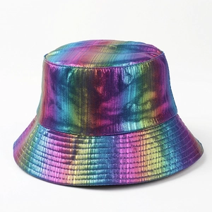 Macro detail of rainbow metallic bucket hat with vertical texture and laser gradient finish