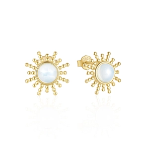 Detailed macro view of S925 silver gold-plated sunburst earrings with opal stone