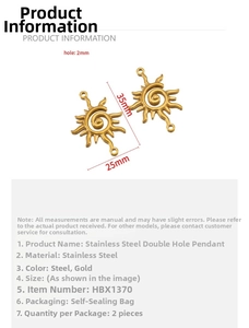 Detailed specs of 35mm x 25mm gold stainless steel sun pendant with dual holes