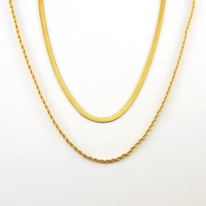 Double-layered 18K gold plated set featuring a flat snake chain and twisted rope chain