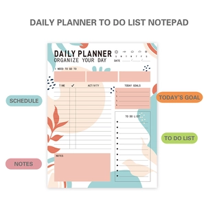 Minimalist daily planner notepad with pink and blue layout for schedule and to-do list