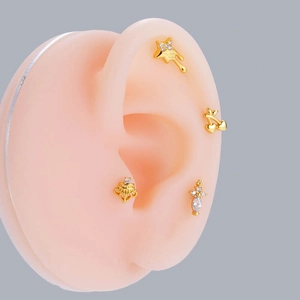 Macro shot of gold ear studs featuring star, cherry, crown and cross designs with zircons
