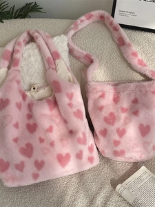 Pink Plush Tote Bag Faux Fur Heart Pattern Large Capacity Shoulder Handbag For Women Autumn Winter Soft Sweet Style