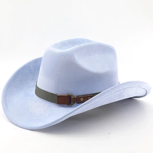 Detail of light blue wide brim felt cowboy hat with grey decorative band and leather buckle